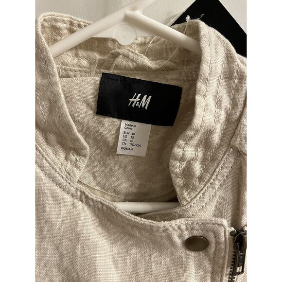H&M Womens Jacket Moto Style Size 10 Beige Linen Cotton Blend Zip Pockets - Picture 2 of 6